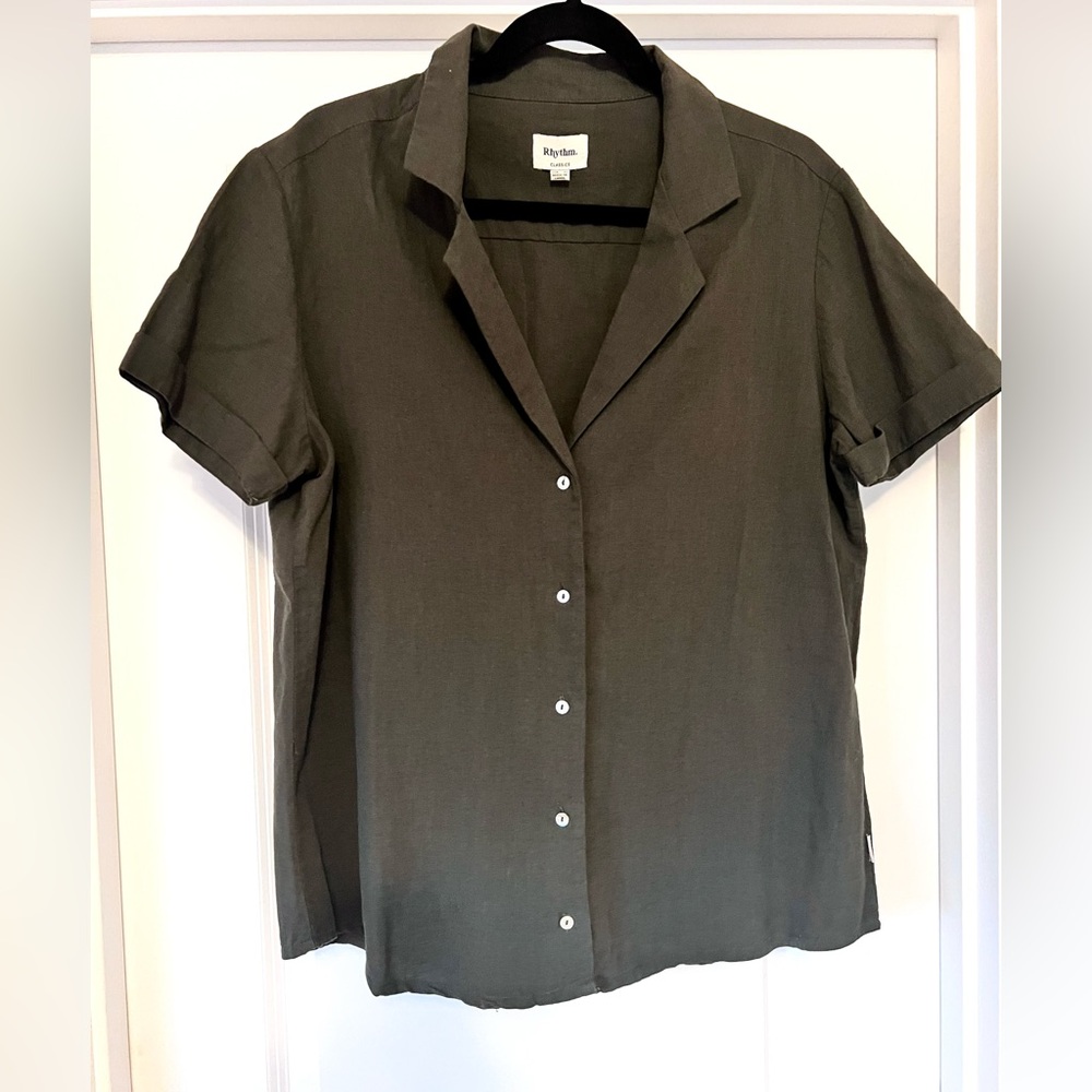 Rhythm Classics Linen Blend Button Up Shirt Large Olive Green
